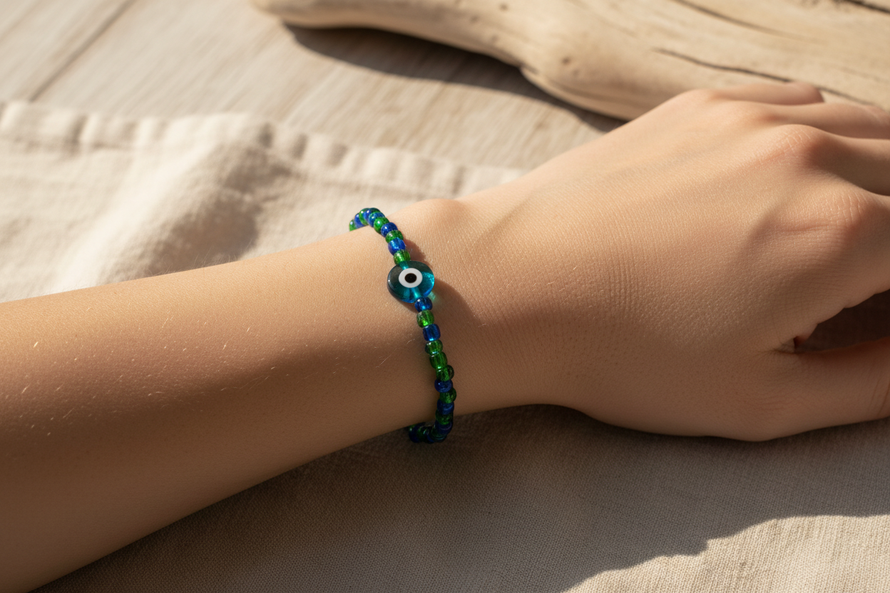 Armbånd i store glasperler - blå/grøn