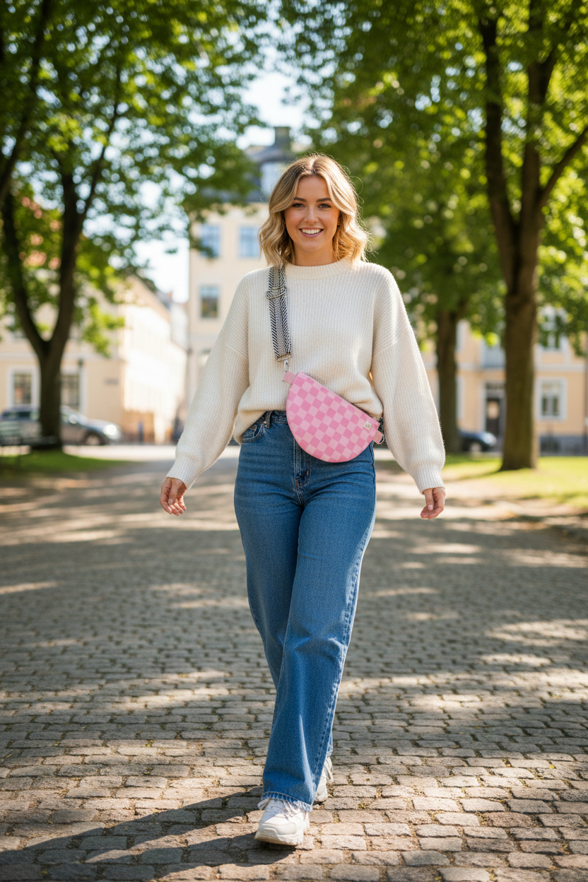 Håndlavet mini crossbody taske – lyserøde tern – 20x15 cm | JNortheved