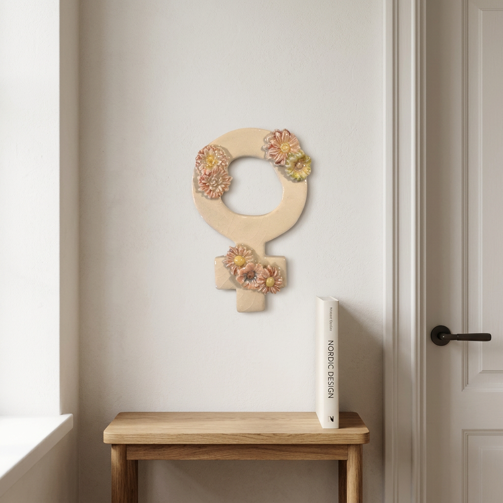 AI-genereret miljøbillede af kvindetegn i keramik med blomster i relief fra KH Keramik, 13,5 × 8,5 cm, på en lys væg.