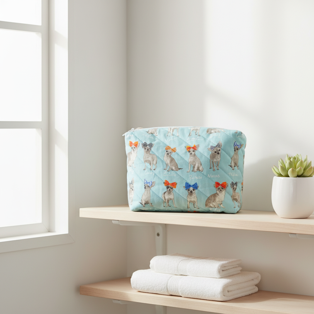 Stor quiltet toilettaske med chihuahua-print – Håndlavet af Irene Kokholm