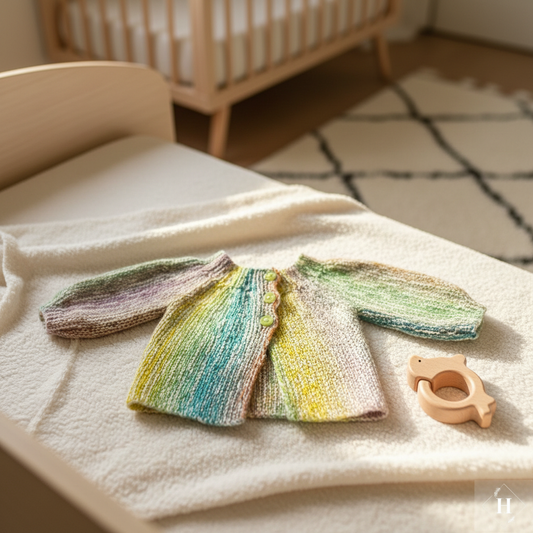 Strikket baby cardigan – pastel farveskiftende | Str. 0-3 mdr | JNortheved