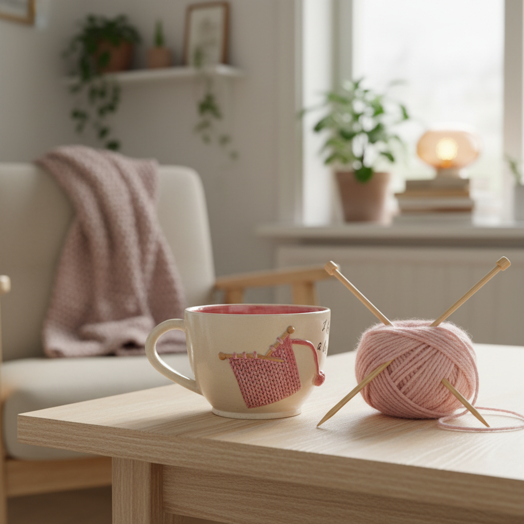 Keramikkrus med strikketøjsmotiv – „I Knit a Break“, pink | Helle Zinn