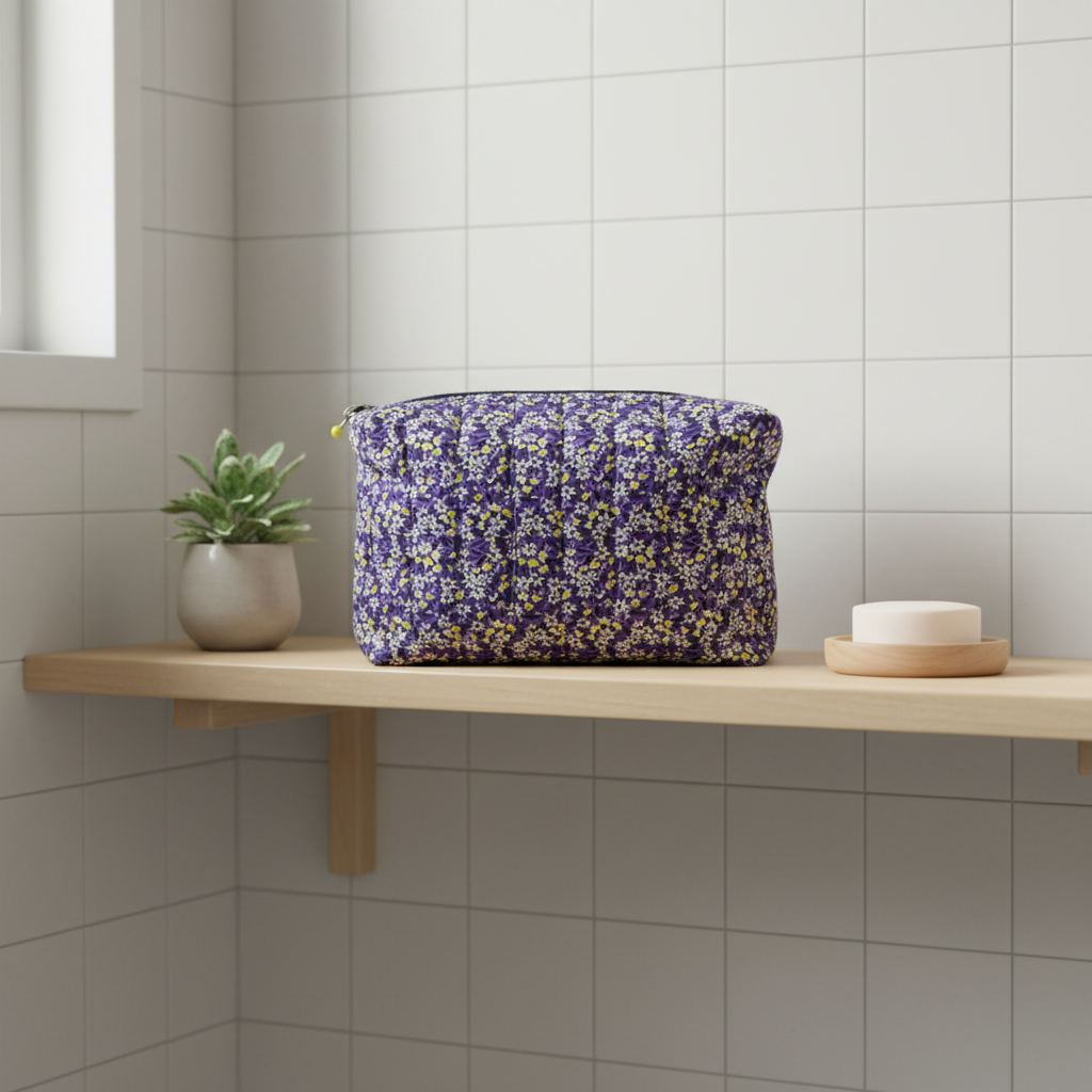 Stor quiltet toilettaske i lilla blomsterprint – Håndlavet af Irene Kokholm