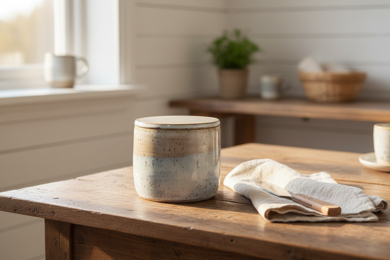 Smørklokke i hvid og lysebrun glasur – Håndlavet keramik af Clay by Hornstrup