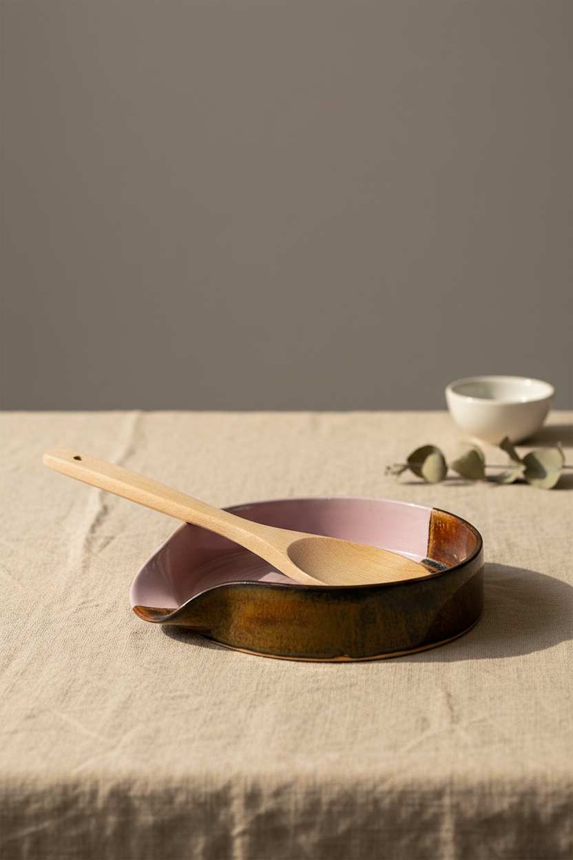 Keramik spoon rest i lyserød og brun – hånddrejet, 12 cm – Karlines Keramik