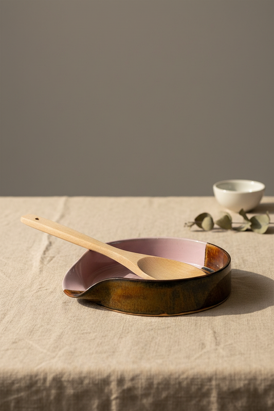 Keramik spoon rest i lyserød og brun – hånddrejet, 12 cm – Karlines Keramik