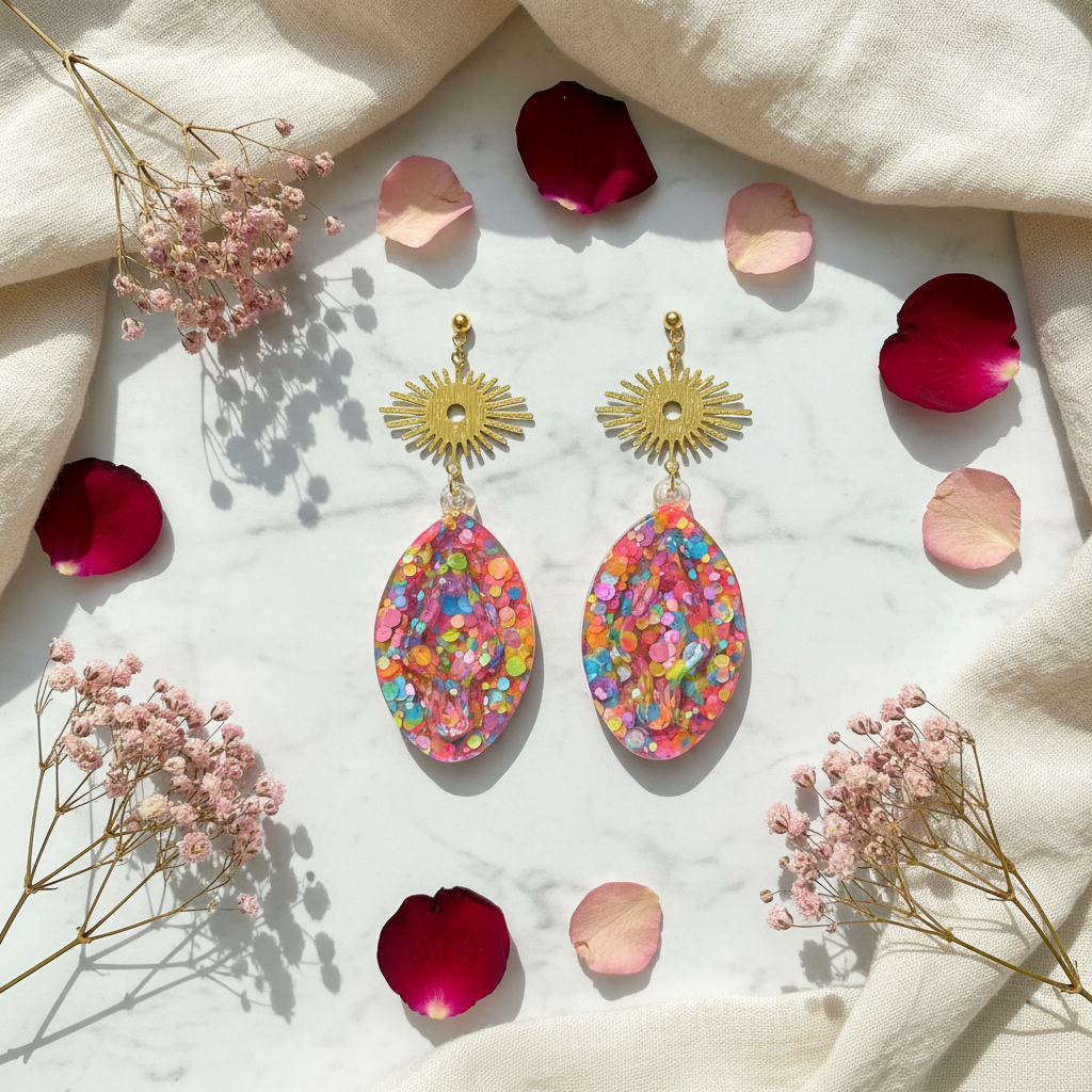 Ørestikkere med konfetti vulva – resin | Creatrivi