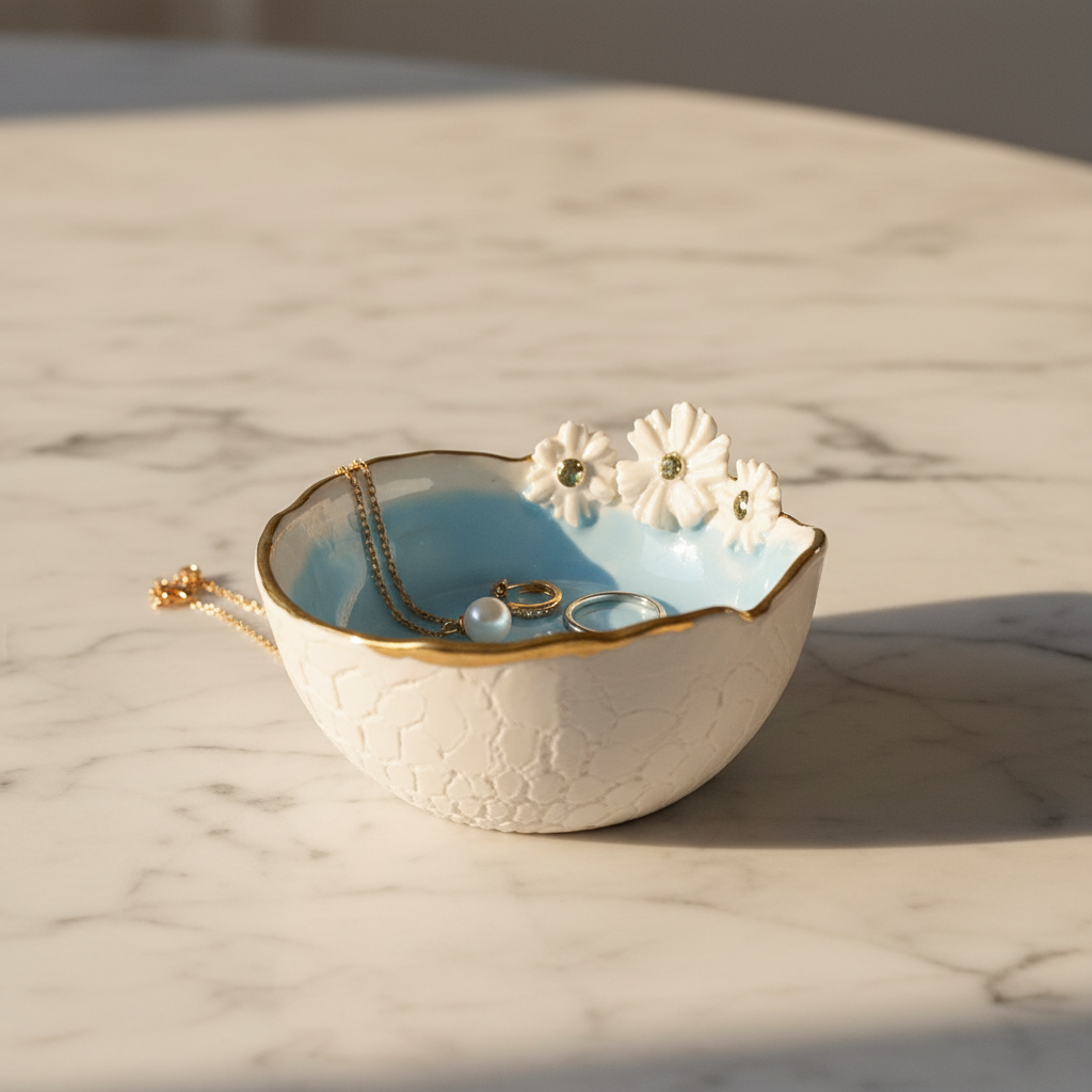 Lille Porcelænsskål med guldkant og blomst – lyseblå | Jøwjøw