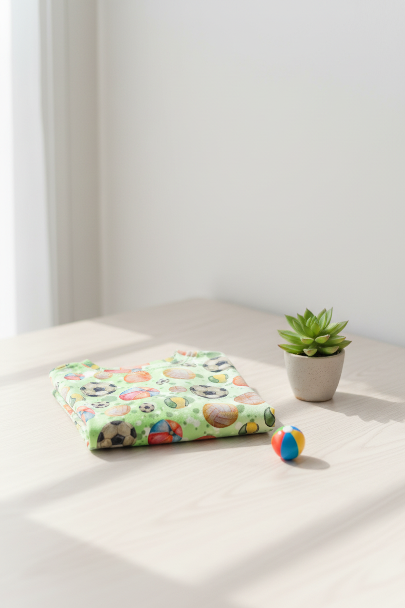 Børne t-shirt med bolde-motiv – str. 104 (3-4 år) & 110 (4-5 år) – Håndlavet af M Henriksen Design
