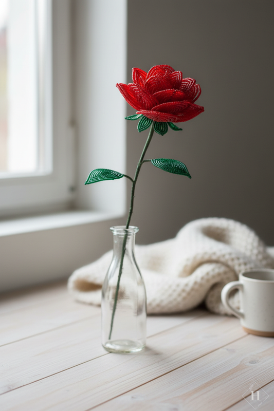 Håndlavet blomst i glasperler – Langstilket rose (flere varianter)