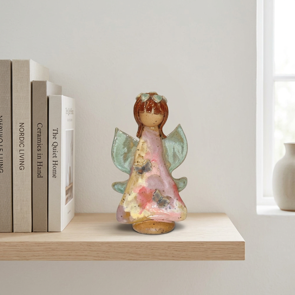 Keramikengel med sommerfugle og rosa kjole – 11 cm | Charlottes Clayground