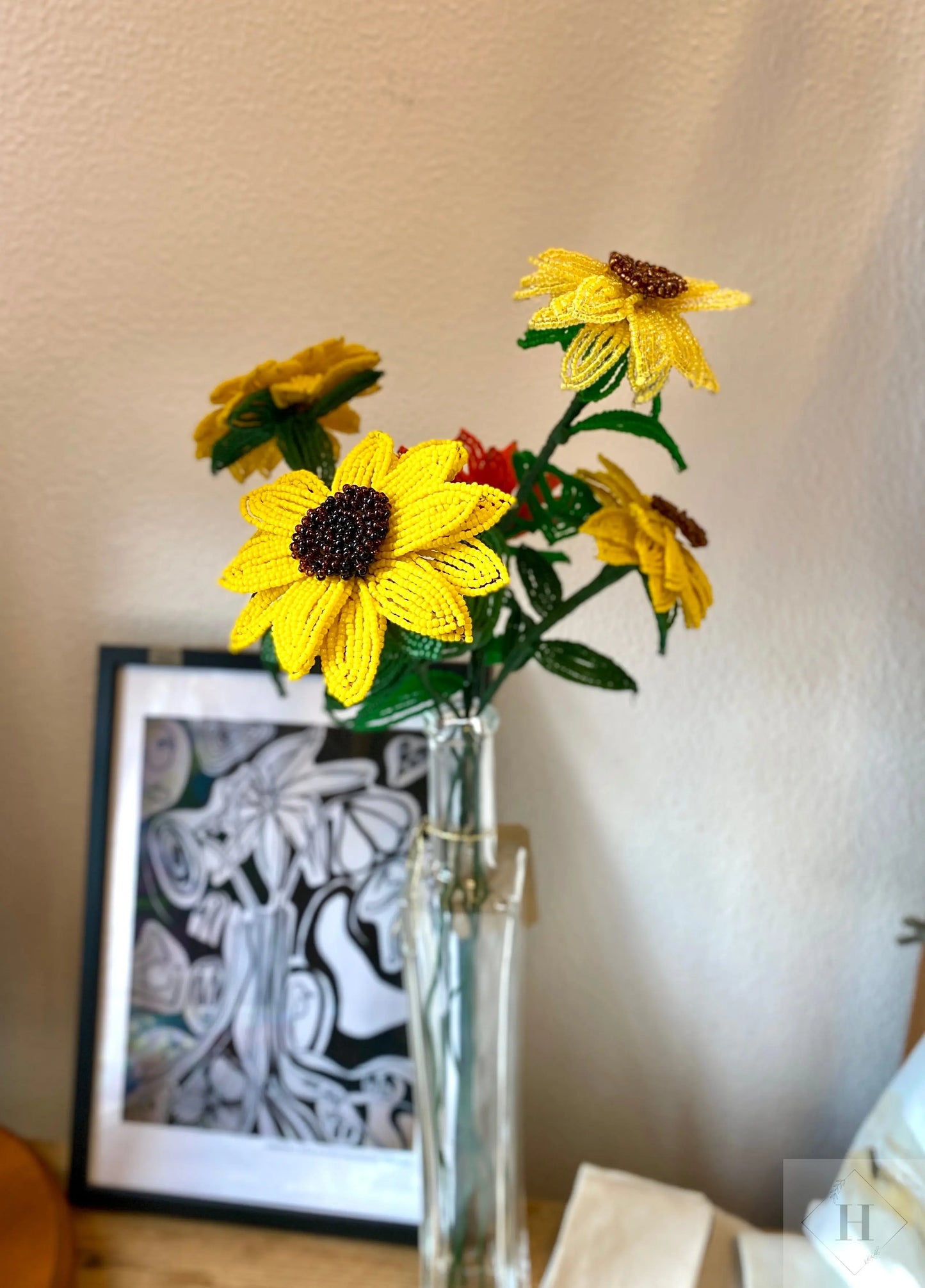 Håndlavet blomst i glasperler - Orange solsikke Kaimers krea