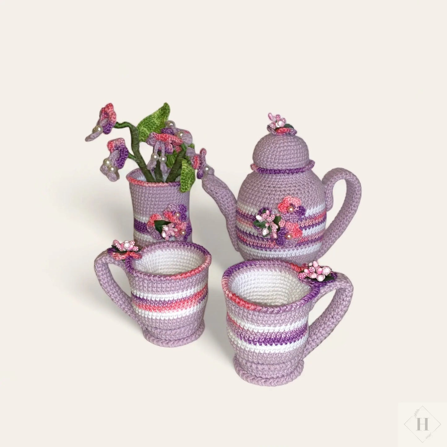 Hæklet te stel - lilla Håndlavet af