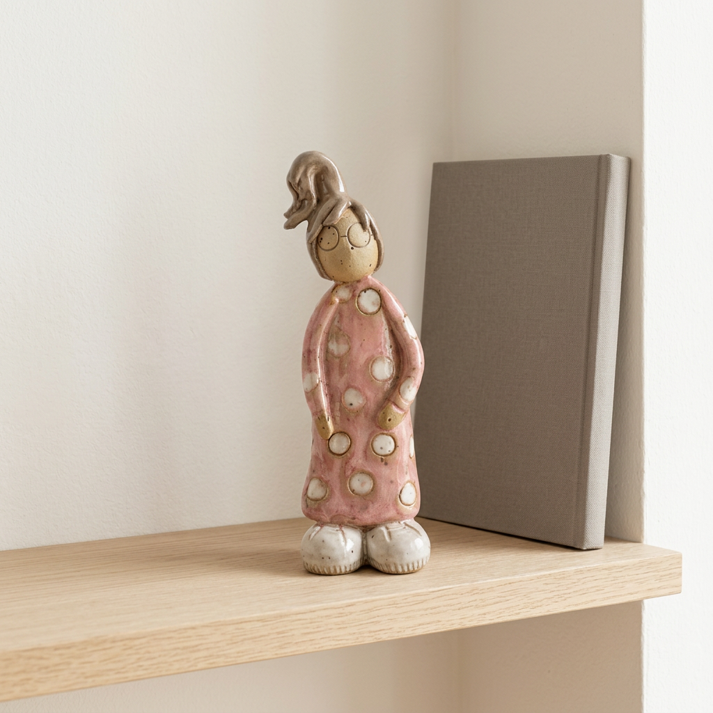 Spilop Sigrid – keramikfigur i rosa prikket kjole, 14 cm | Charlottes Clayground