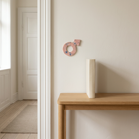 AI-genereret miljøbillede af rosa mandetegn i keramik med blå farvefelter og mørke pletter fra KH Keramik, 13,5 × 8,5 cm, på en lys væg.