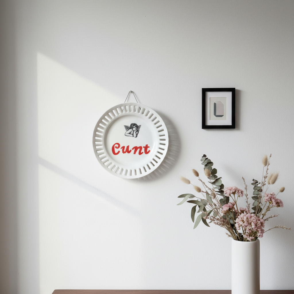 Vægplatte "Cunt" med engel – porcelæn | Gitte Bramm