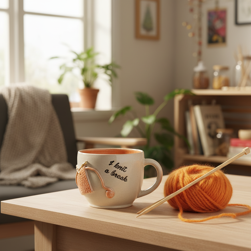 Keramikkrus med strikketøjsmotiv – „I Knit a Break“, orange | Helle Zinn