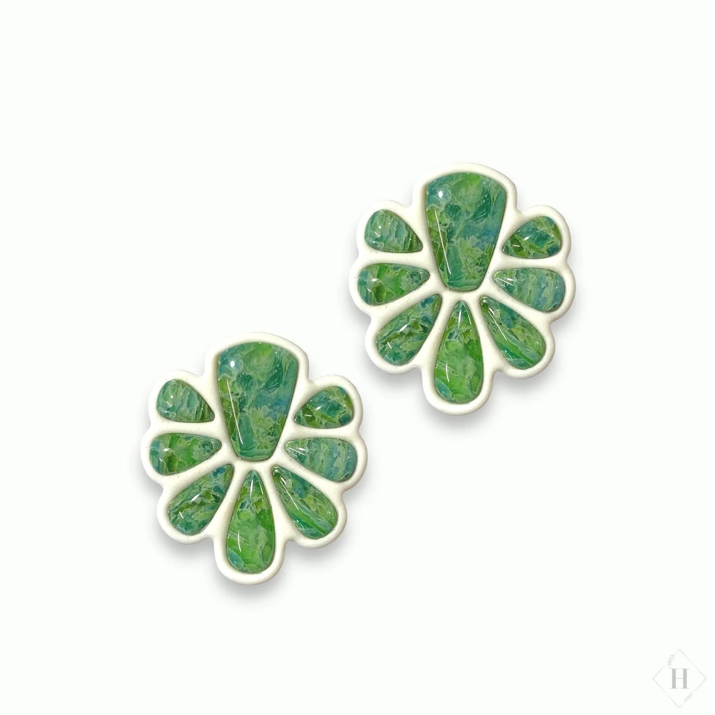 Inlay statement studs - green abstract flowers "Svala" #277 Handmade Hygge