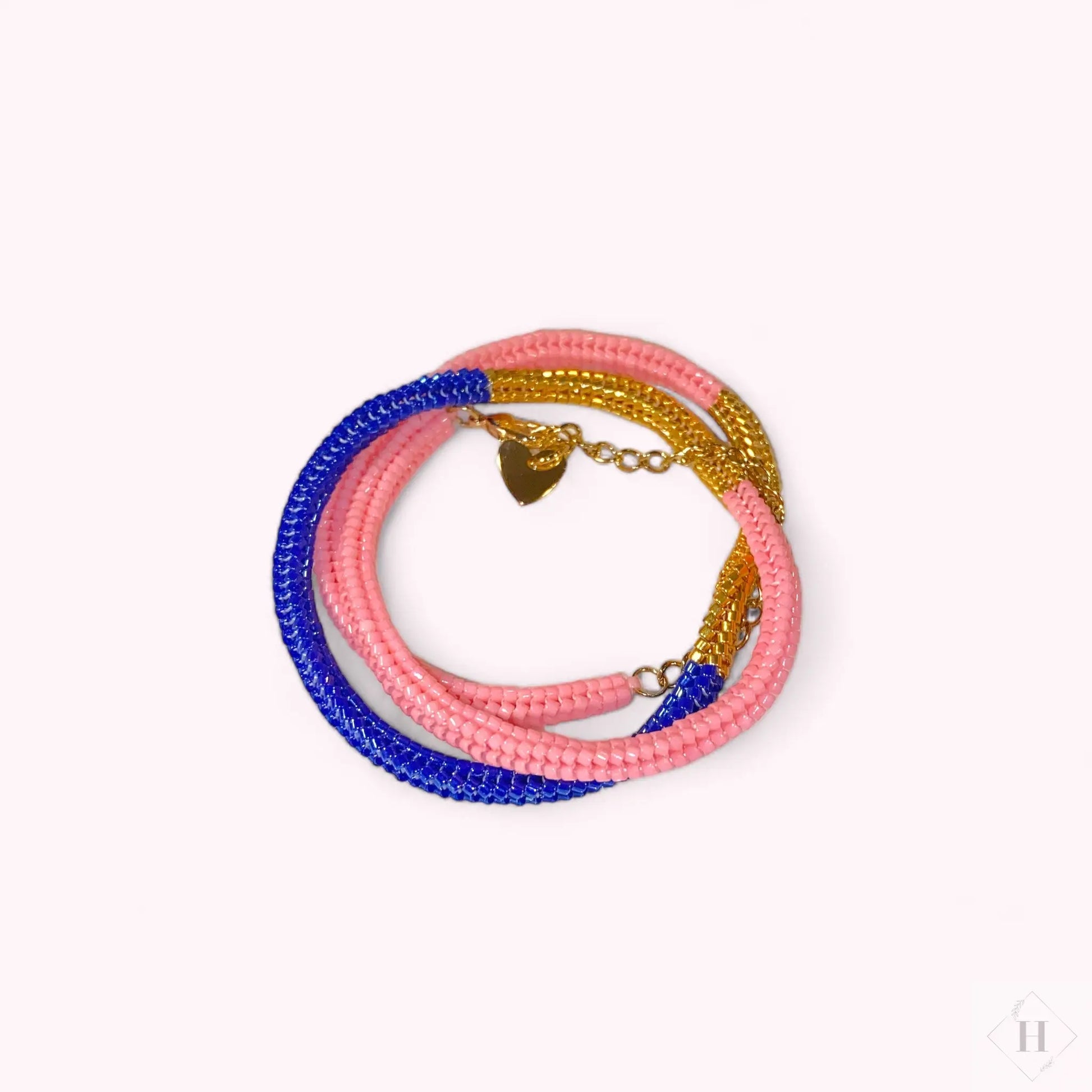 Halskæde i miyuki perler - guldfarvet/blå/lyserød Mabalser