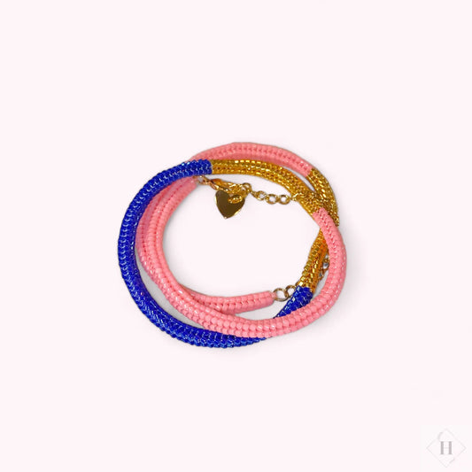 Halskæde i miyuki perler - guldfarvet/blå/lyserød Mabalser