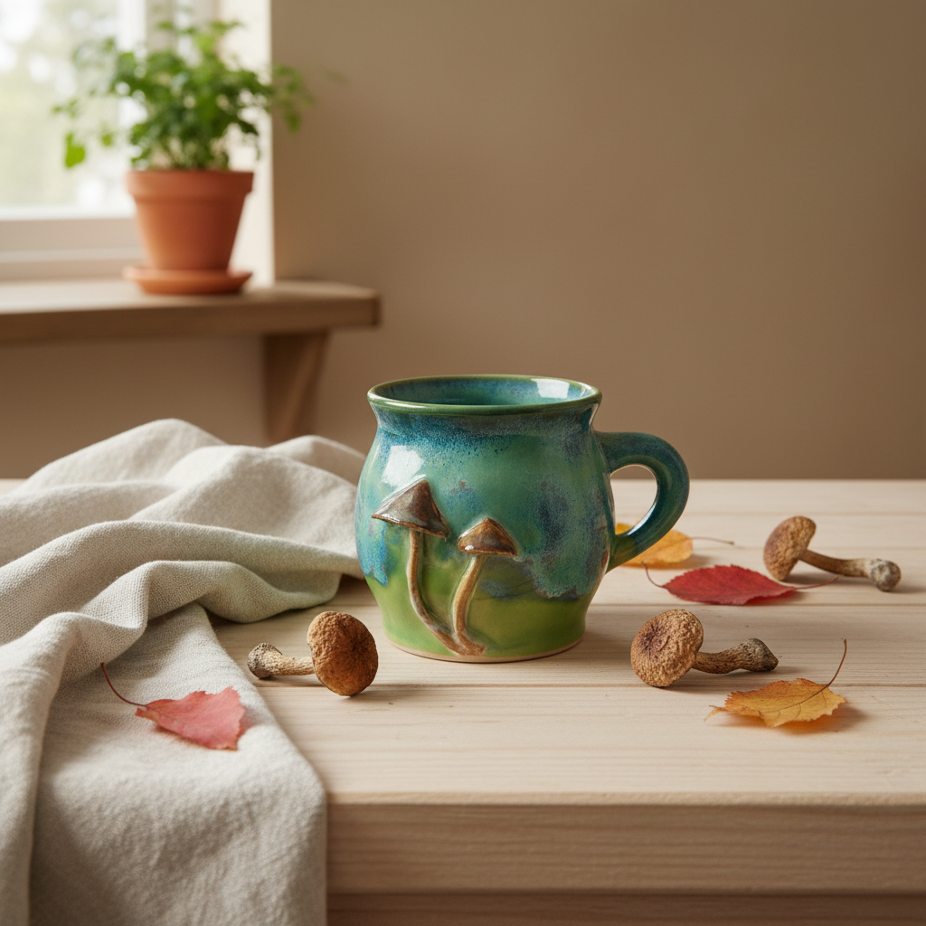 Krus med svampe – Grøn med brune svampe | RG Ceramic