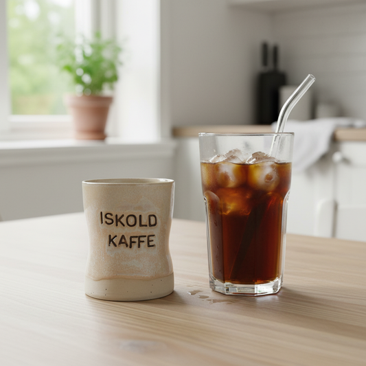 Klemmekrus med „Iskold kaffe“ – Håndlavet keramikkrus af Charlottes Clayground