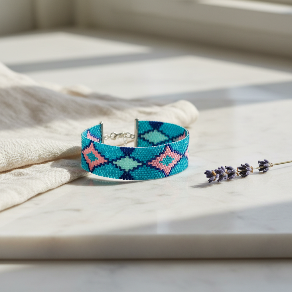 Armbånd i miyukiperler – turkis/lyserød | Sara Engel
