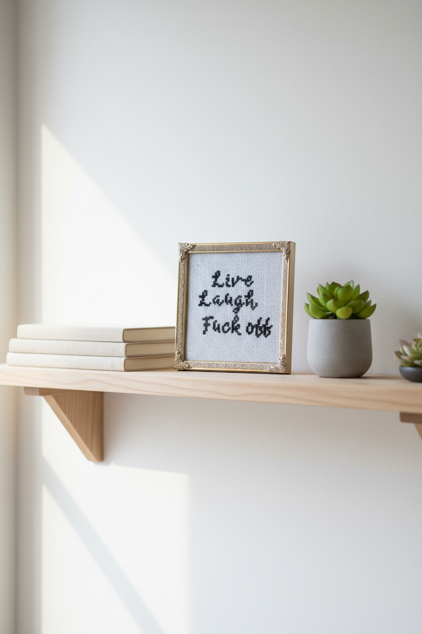 Broderi i ramme - "Live, Laugh, Fuck off"