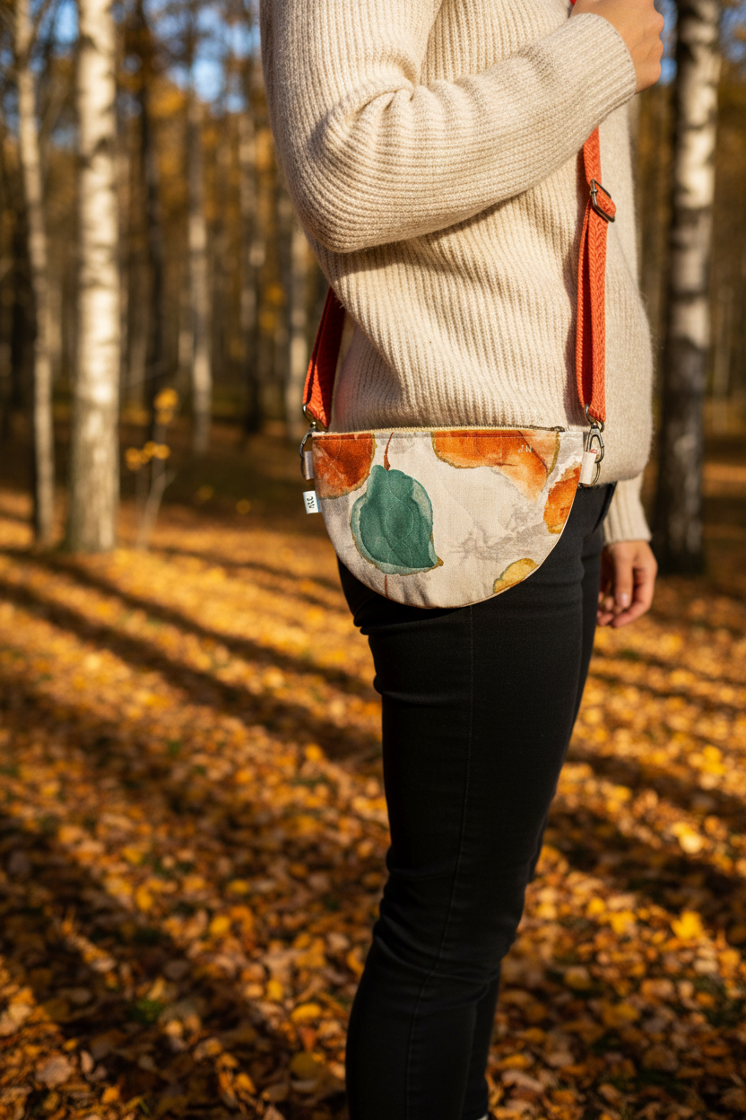 Håndlavet mini crossbody taske – botanisk bladprint – 20x15 cm | JNortheved