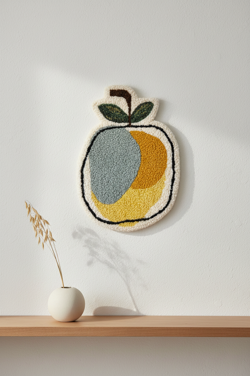 Tuftet æble i gul okker og støvet blå – 37x26 cm – Håndlavet vægdekoration af Flair