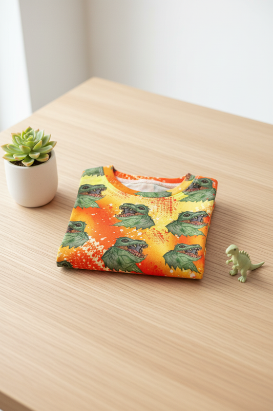 Børne t-shirt med dino-motiv – str. 104 (3-4 år) & 110 (4-5 år) – Håndlavet af M Henriksen Design