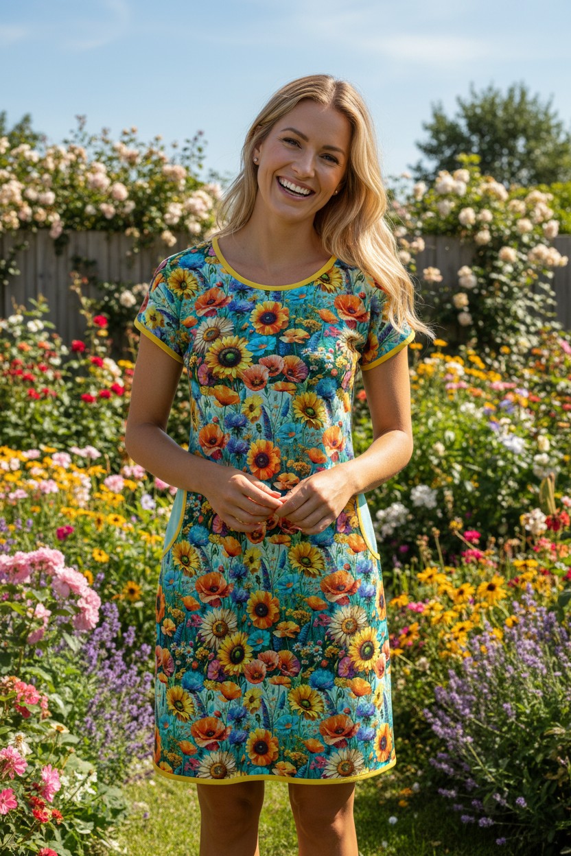 Kjole med solsikker og vilde blomster – Bomulds jersey med lommer | Louifax