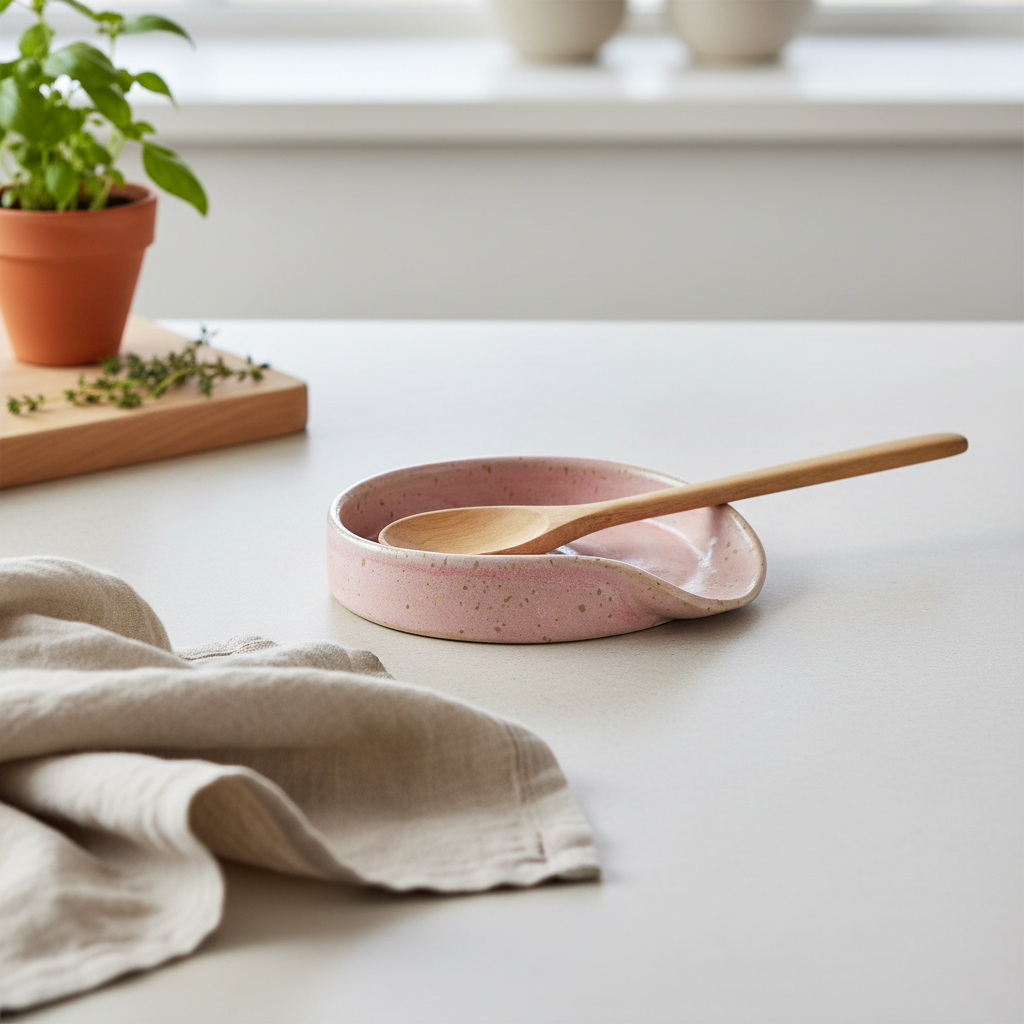 Spoon rest i keramik - lyserød glasur