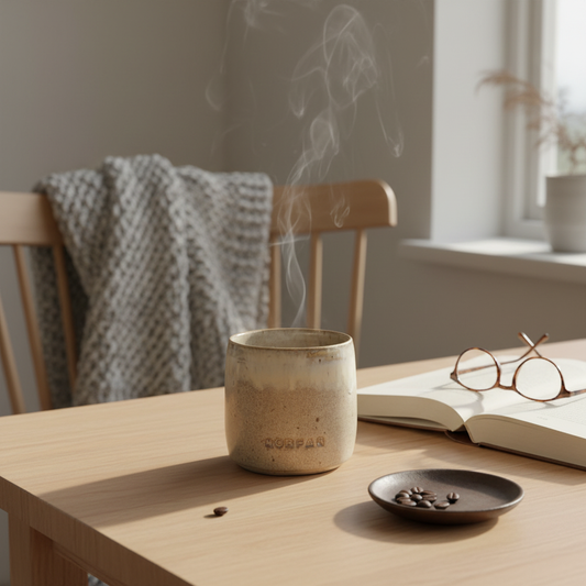 Håndlavet keramik krus uden hank – Morfar, beige | Clay by Hornstrup