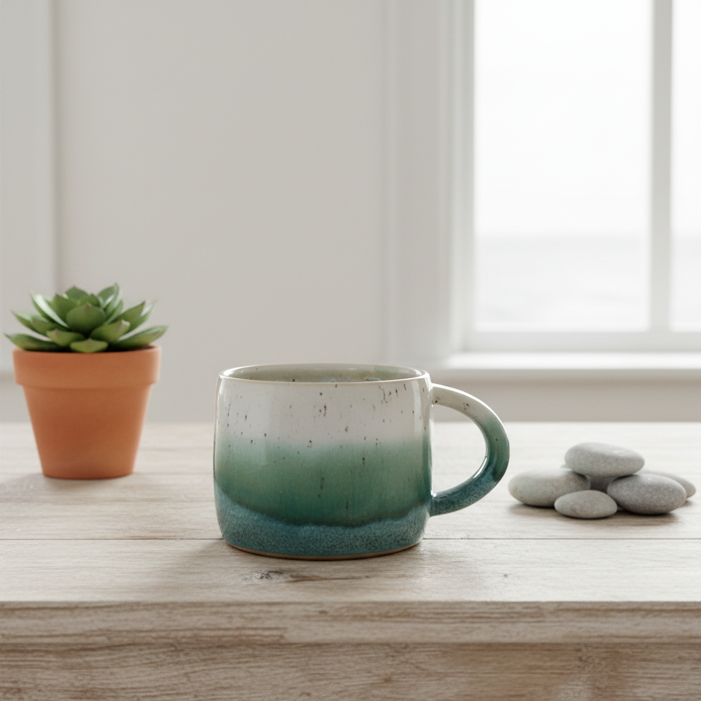 Keramikkrus med hank – Hvid til blågrøn gradient glasur | Clay by Hornstrup
