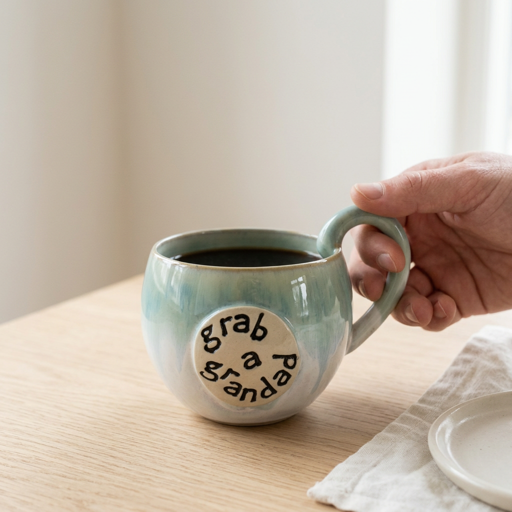 AI-genereret lifestyle-billede af Jøwjøws blågrønne Grab a grandad-krus i brug til kaffe