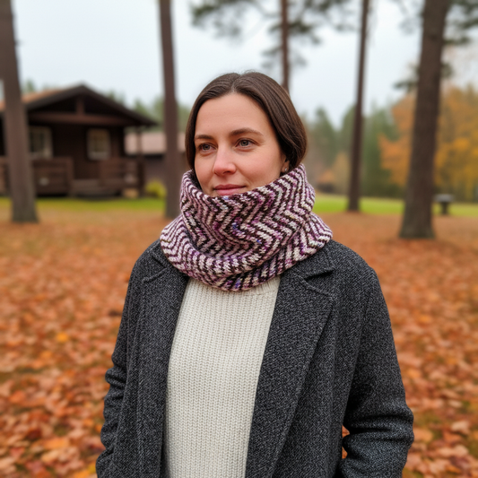 Håndstrikket cowl i brun og lilla zigzag | Famalut