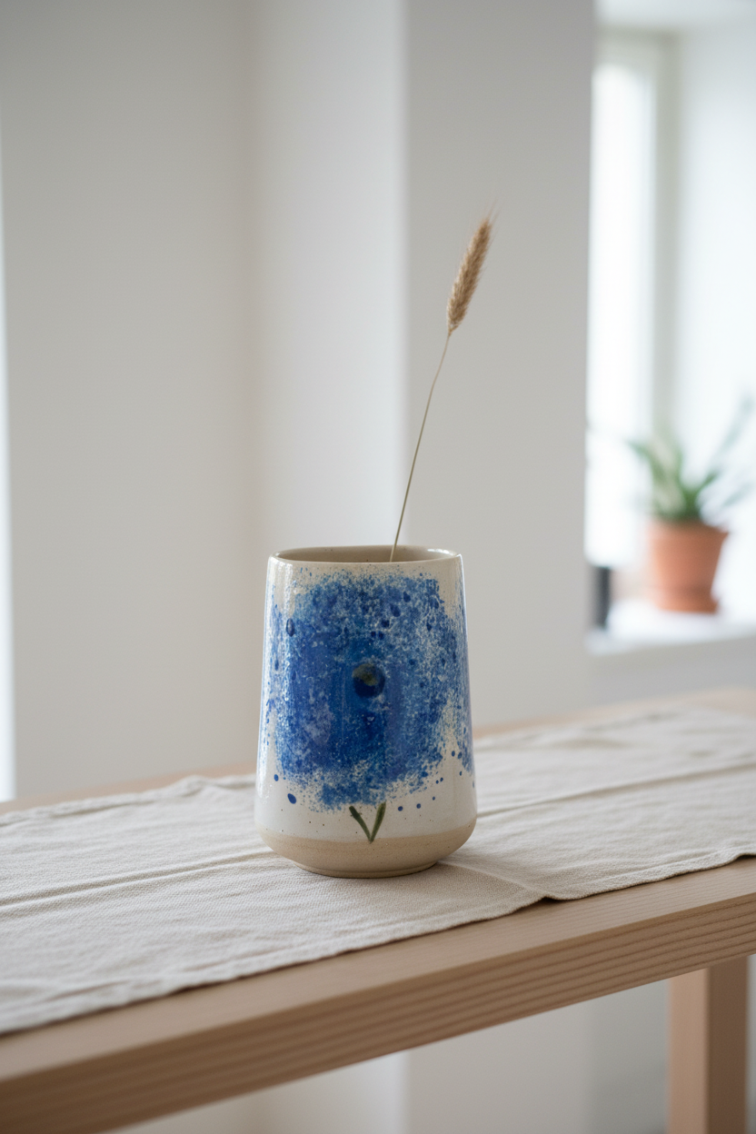 Høj keramikvase med blåt blomstermotiv – 2. sort | Håndstøbt af Ibs Elsker Keramik