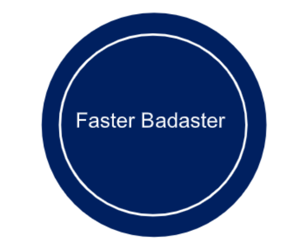 Faster Badaster-logo med hvid tekst i en mørkeblå cirkel.