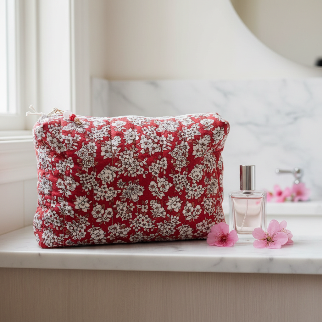 Håndlavet quiltet toilettaske – rød med hvidt blomster mønster | Irene Kokholm