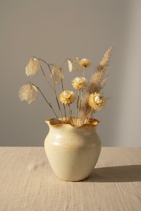 Keramikvase med bølgekant – hånddrejet, 9 cm – Karlines Keramik