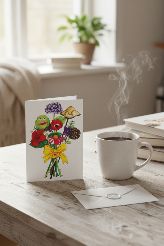 Håndtegnet kort – Buket med kager og blomster | Mette Mains