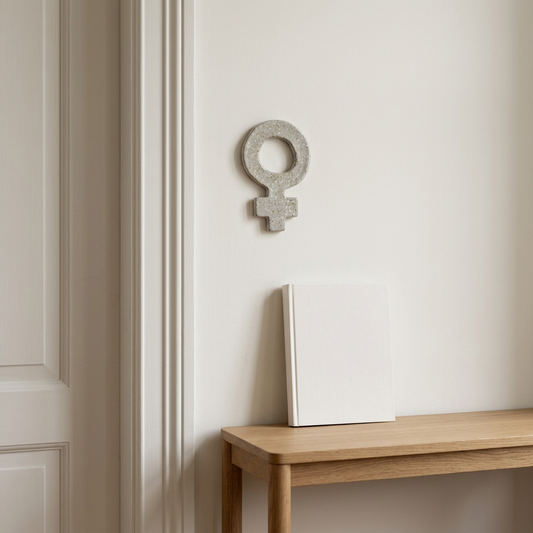 AI-genereret miljøbillede af lysegråt kvindetegn i keramik fra KH Keramik, 13,5 × 8,5 cm, på en lys væg.