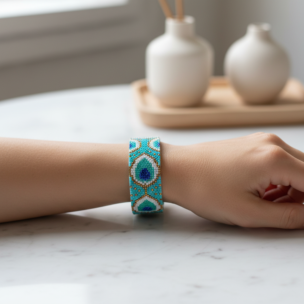 Armbånd i miyukiperler – påfuglemønster | Sara Engel