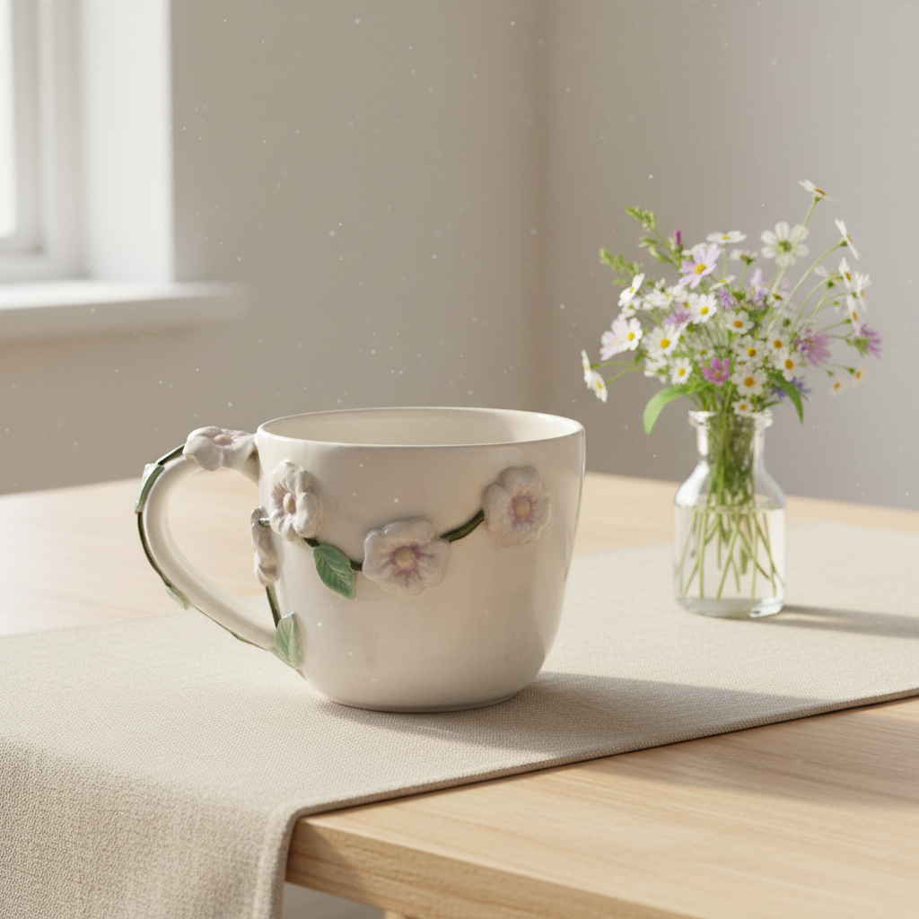 Håndlavet keramikkrus med 3D-blomster i hvid og lyselilla | Helle Zinn
