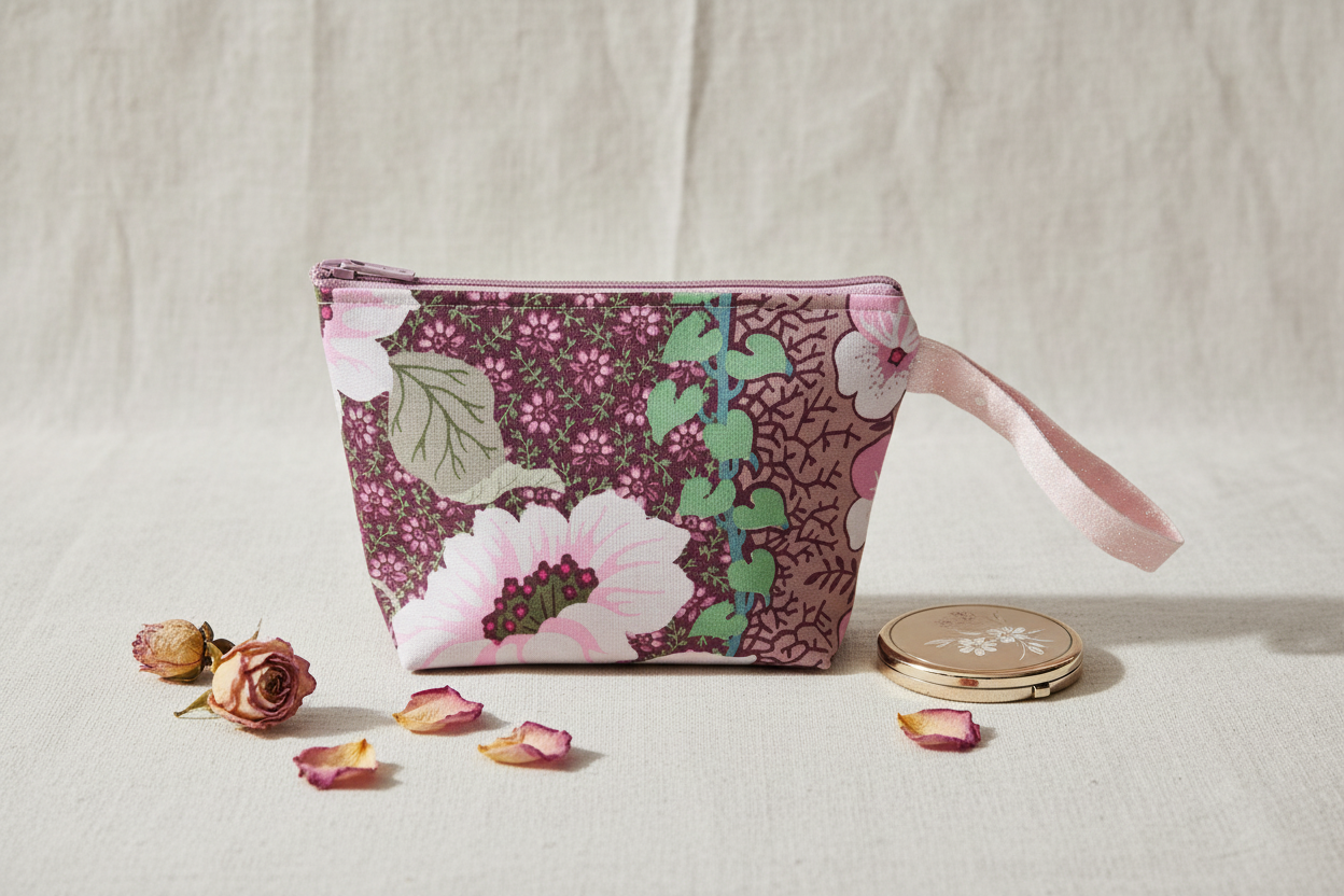 Håndlavet lille taske med wristlet i gammel rosa bomuld – JNortheved