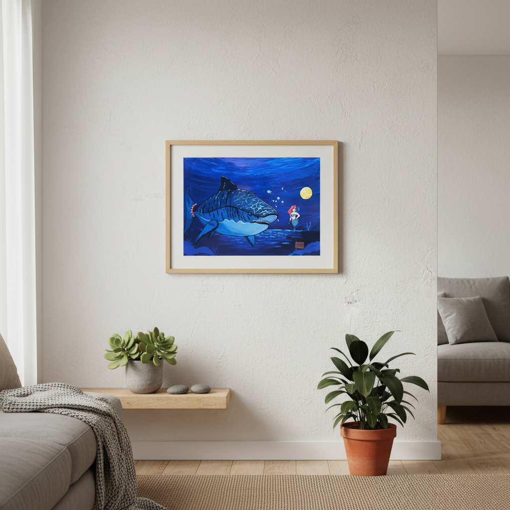 Kunstprint – “Hey Pluto” Havfrue & kæmpehaj | Caths in Space Art