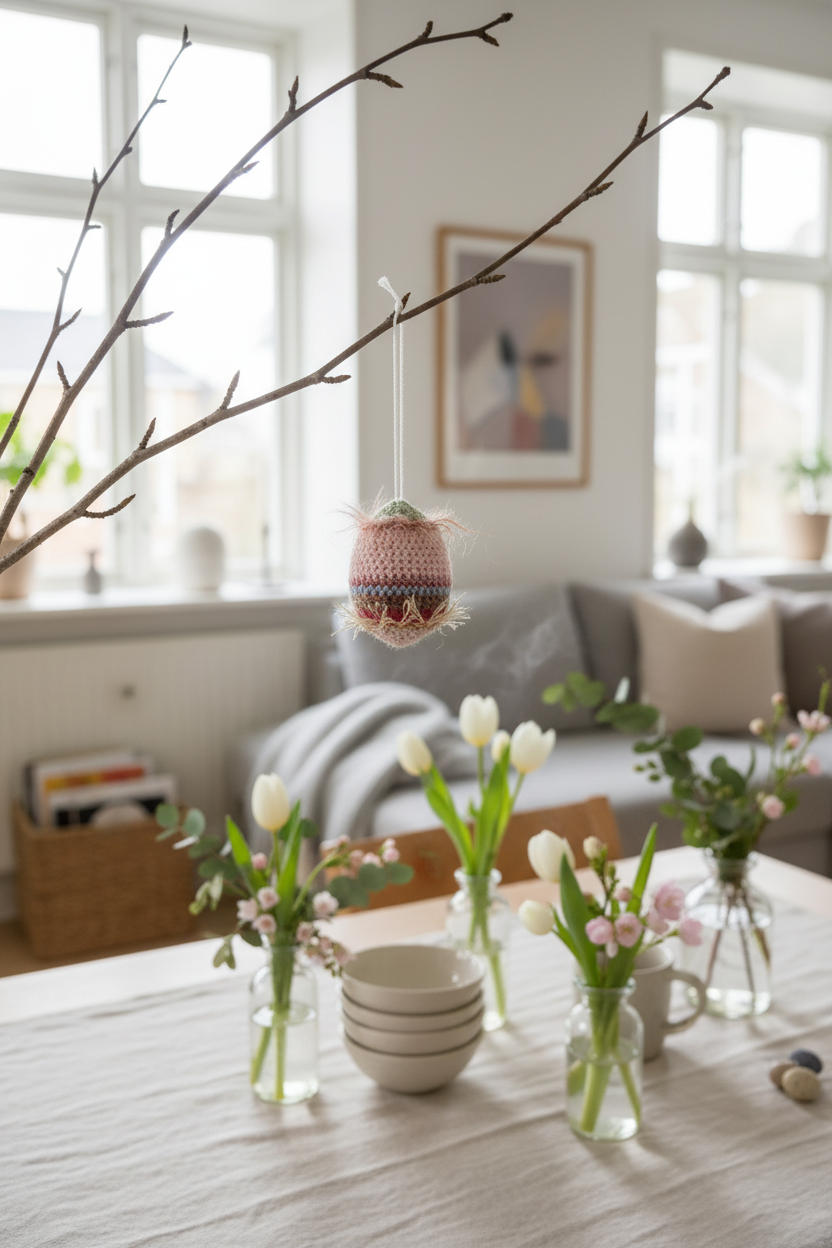 Hæklet påskeæg ophæng med raffia af Møhlde