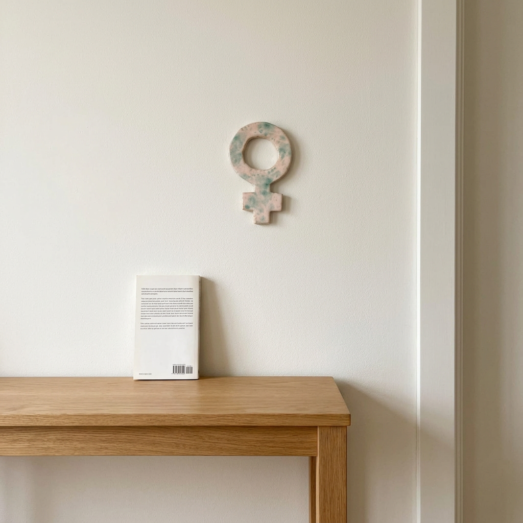 AI-genereret miljøbillede af kvindetegn i keramik i lyserød, lyseblå og creme fra KH Keramik, 13,5 × 8,5 cm, på en lys væg.