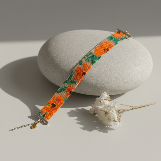 Armbånd i miyukiperler – Orange blomster | Sara Engel